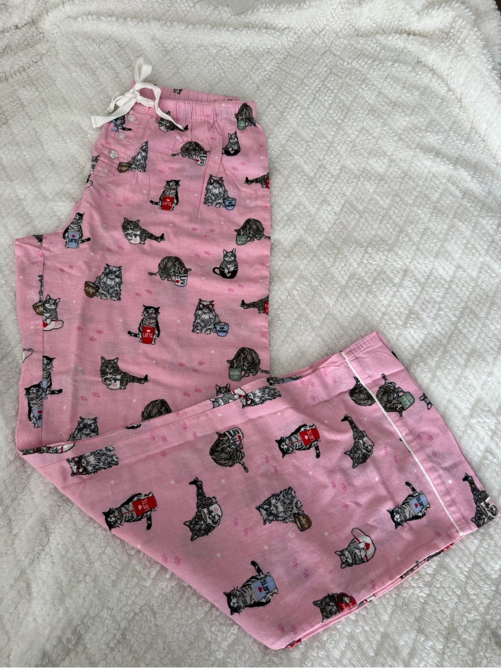 PJ Salvage Lightweight Flannel Pajama Set Cats Coffee Pink Womens M Button front - Picture 6 of 10